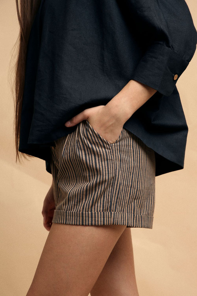 Charcoal Oversized Ret Shirt & Brown Striped PL Shorts Set (2 PCS) 100% cotton by Mati in grey color for women in Singapore