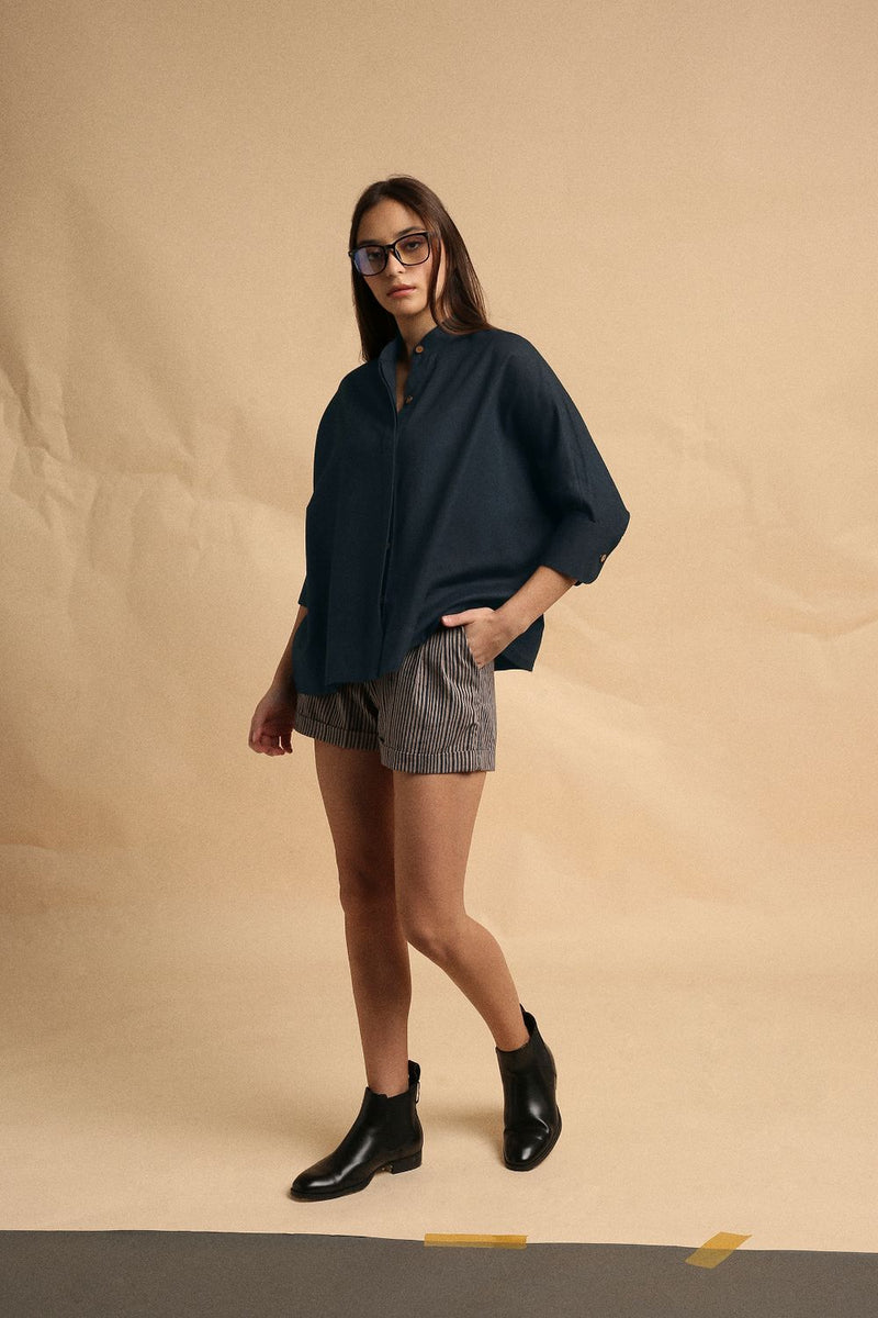 Charcoal Oversized Ret Shirt & Gray Striped PL Shorts Set (2 PCS) 100% cotton by Mati in charcoal color for women in Singapore