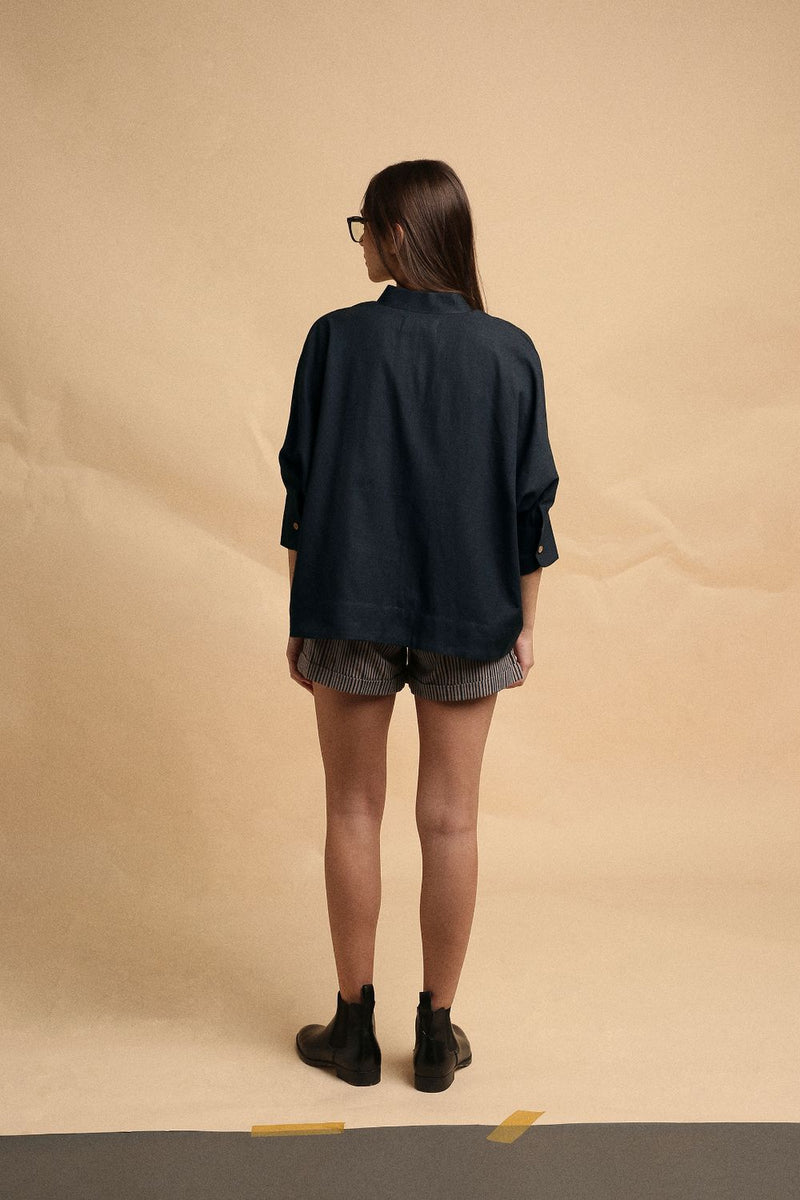 Charcoal Oversized Ret Shirt & Gray Striped PL Shorts Set (2 PCS) 100% cotton by Mati in charcoal color for women in Singapore