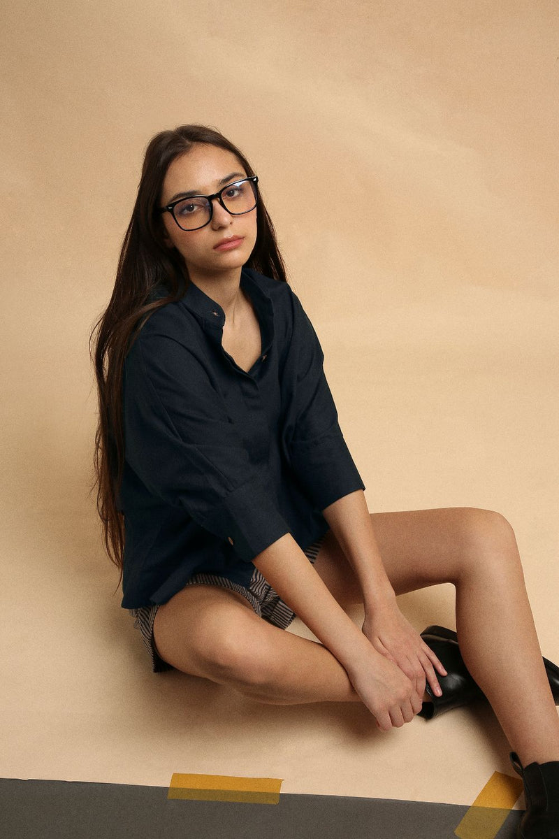 Charcoal Oversized Ret Shirt & Gray Striped PL Shorts Set (2 PCS) 100% cotton by Mati in charcoal color for women in Singapore