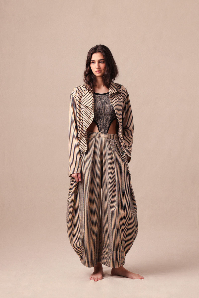 Charcoal Striped Bodysuit Barrel Pants and Crop Jacket Co-Ord Set (3PCS) cotton co-ord set by Mati in black for women in Singapore