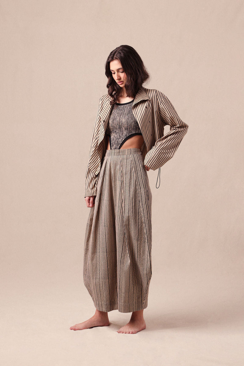 Charcoal Striped Bodysuit Barrel Pants and Crop Jacket Co-Ord Set (3PCS) cotton co-ord set by Mati in black for women in Singapore