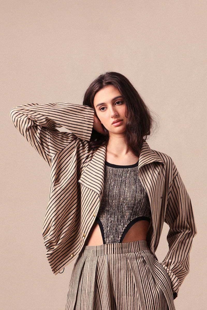 Charcoal Striped Bodysuit Barrel Pants and Crop Jacket Co-Ord Set (3PCS) cotton co-ord set by Mati in black for women in Singapore