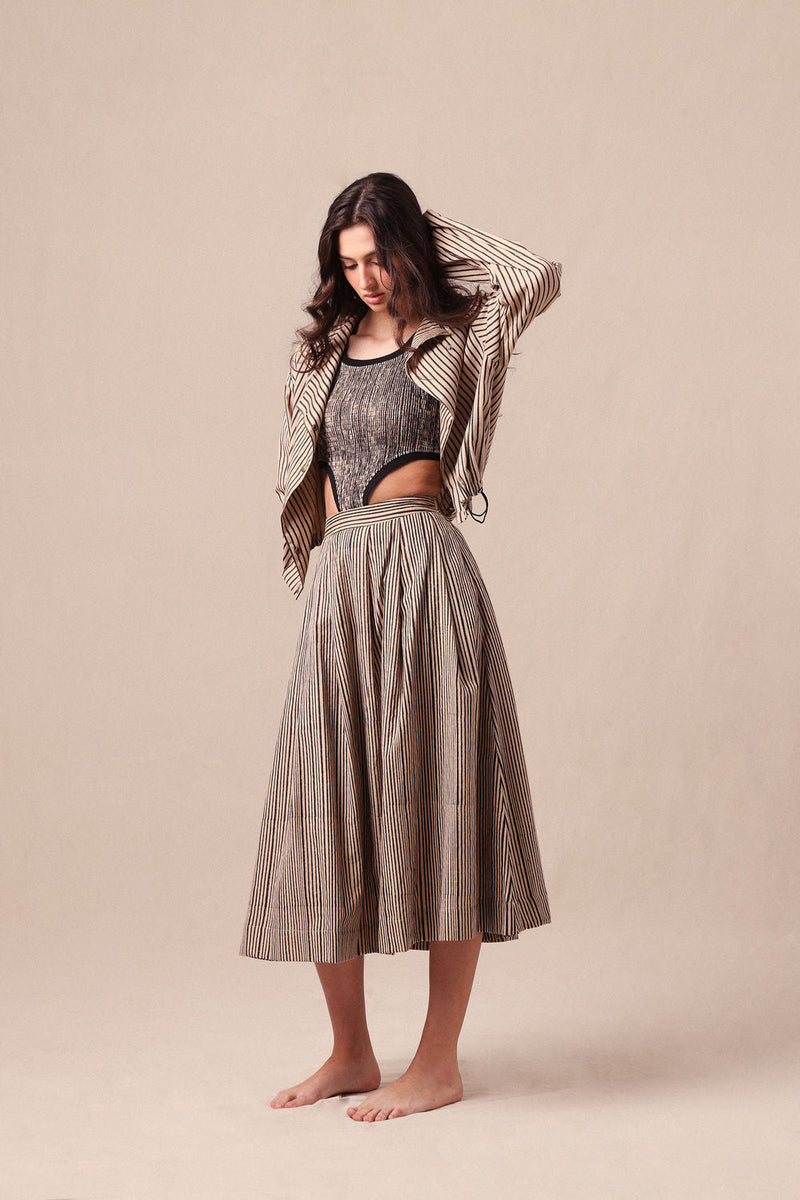 Charcoal Striped Bodysuit Box Pleated Skirt and Crop Jacket Co-Ord Set (3 PCS) cotton co-ord set by Mati in black for women in Singapore