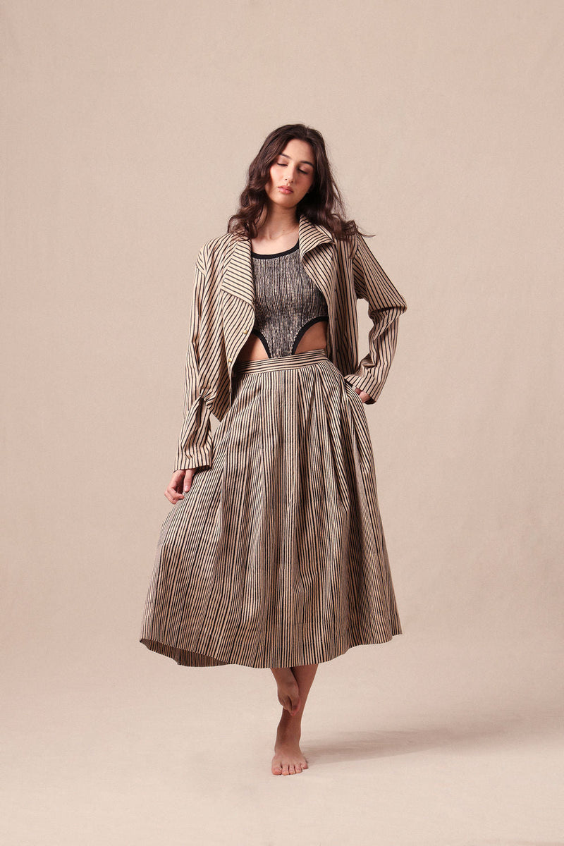 Charcoal Striped Bodysuit Box Pleated Skirt and Crop Jacket Co-Ord Set (3 PCS) cotton co-ord set by Mati in black for women in Singapore