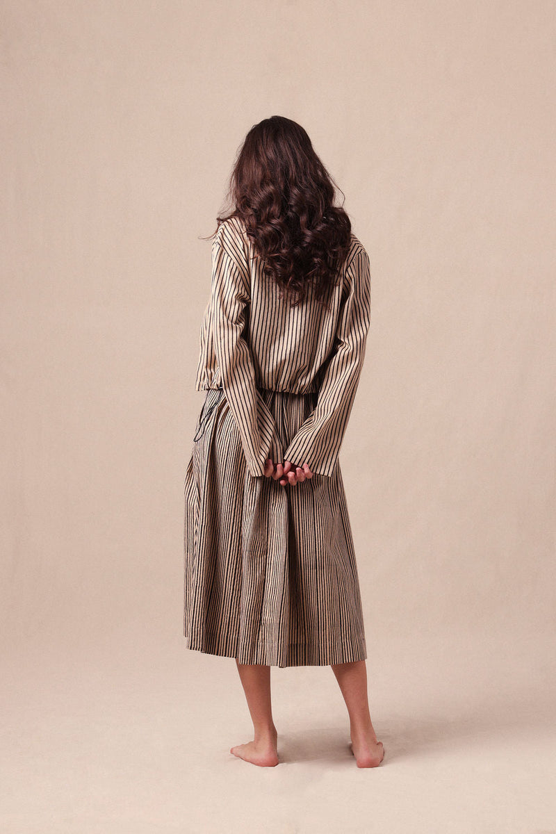 Charcoal Striped Bodysuit Box Pleated Skirt and Crop Jacket Co-Ord Set (3 PCS) cotton co-ord set by Mati in black for women in Singapore