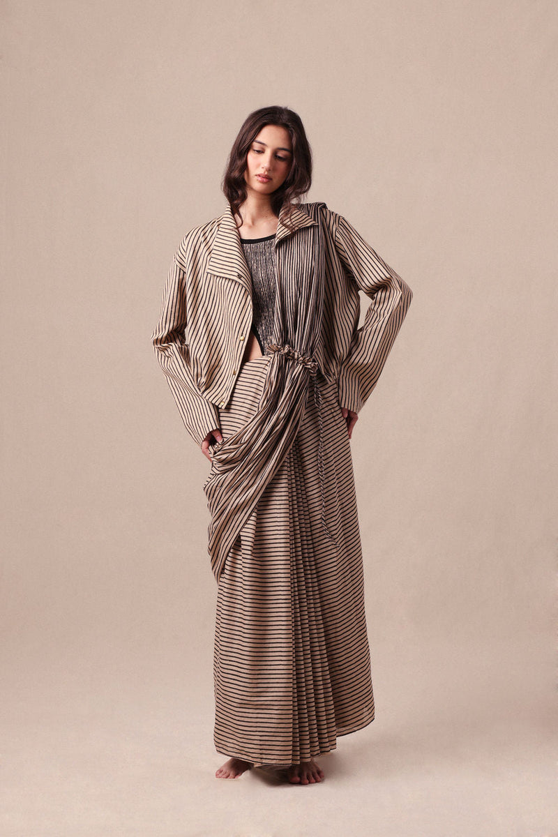 Charcoal Striped Bodysuit Crop Jacket & Drawstring Mul Saree Set (3 PCS) cotton saree by Mati in black for women in Singapore
