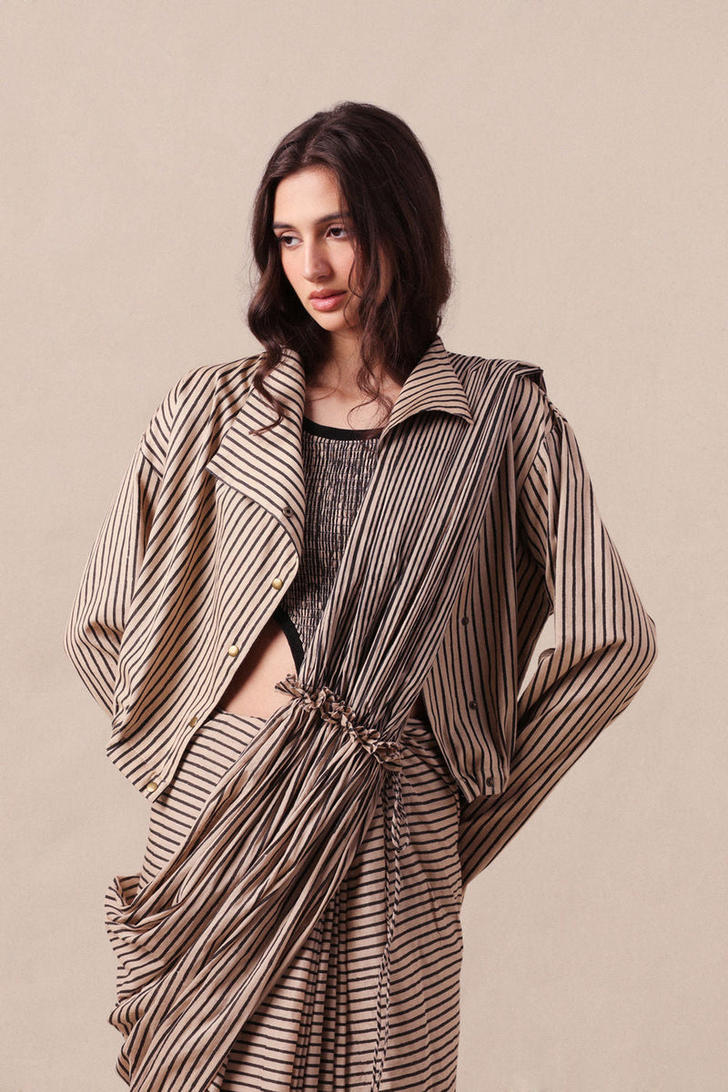 Charcoal Striped Bodysuit Crop Jacket & Drawstring Mul Saree Set (3 PCS) cotton saree by Mati in black for women in Singapore