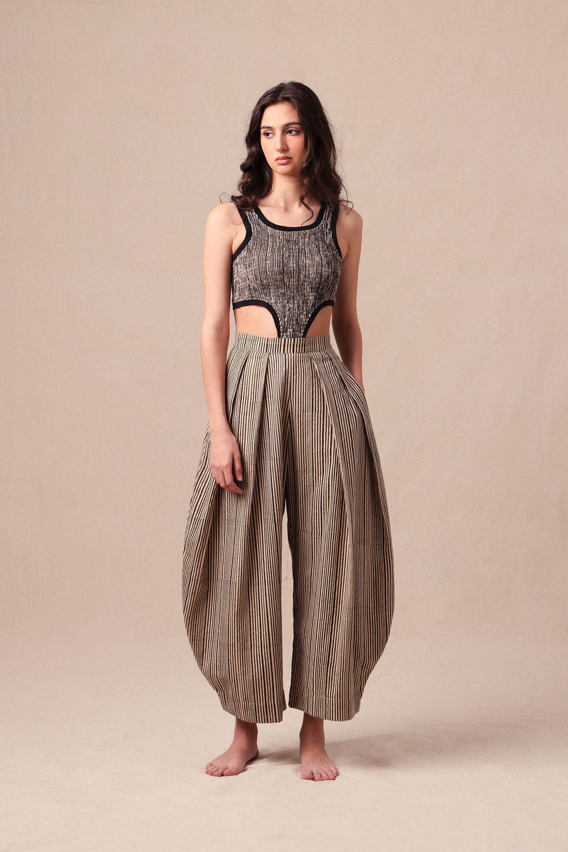 Charcoal Striped Bodysuit & Barrel Pants Co-Ord Set (2 PCS) cotton co-ord set by Mati in black for women in Singapore