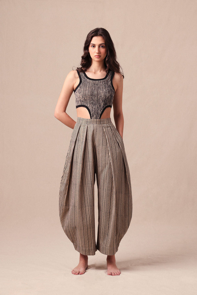 Charcoal Striped Bodysuit & Barrel Pants Co-Ord Set (2 PCS) cotton co-ord set by Mati in black for women in Singapore