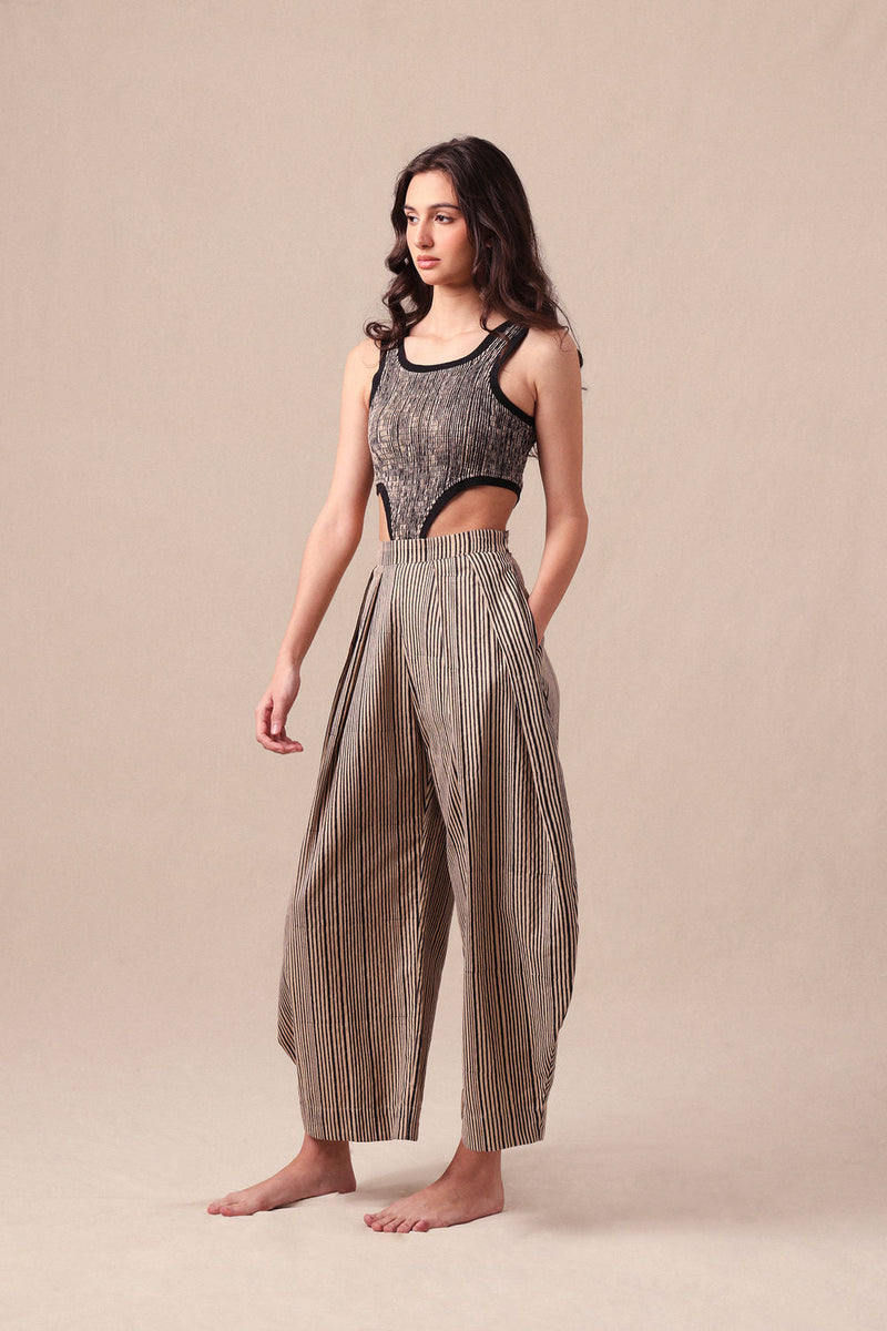 Charcoal Striped Bodysuit & Barrel Pants Co-Ord Set (2 PCS) cotton co-ord set by Mati in black for women in Singapore