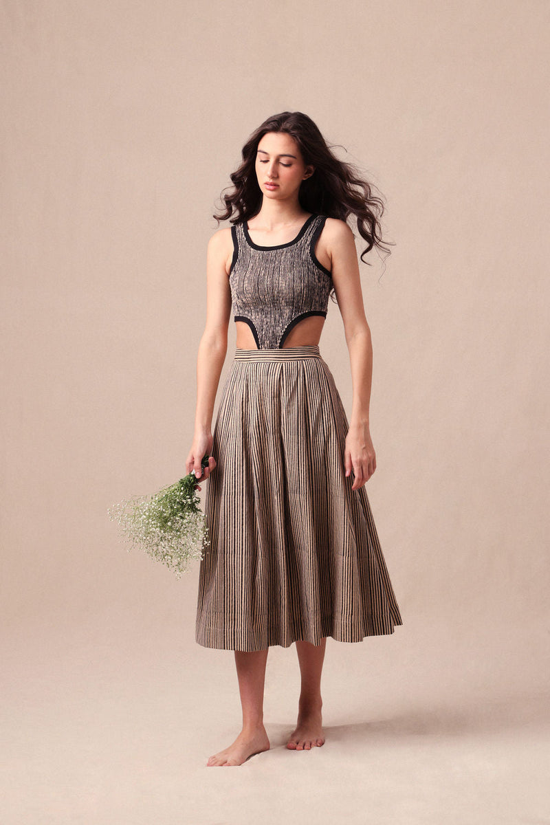 Charcoal Striped Bodysuit & Box Pleated Skirt Co-Ord Set (2 PCS) cotton co-ord set by Mati in black for women in Singapore