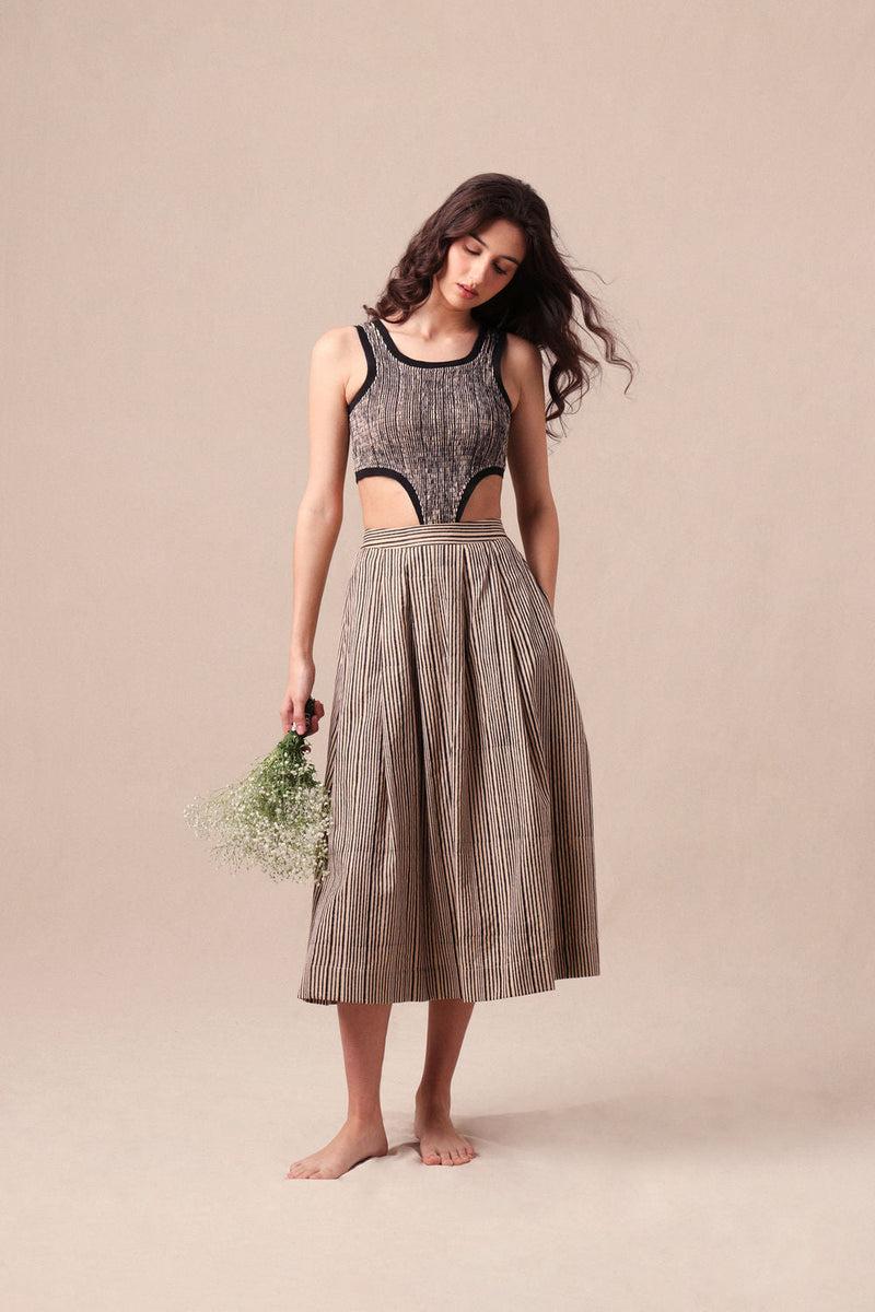 Charcoal Striped Bodysuit & Box Pleated Skirt Co-Ord Set (2 PCS) cotton co-ord set by Mati in black for women in Singapore