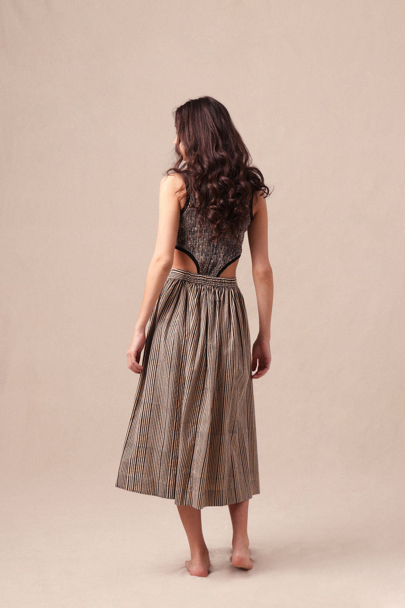 Charcoal Striped Bodysuit & Box Pleated Skirt Co-Ord Set (2 PCS) cotton co-ord set by Mati in black for women in Singapore