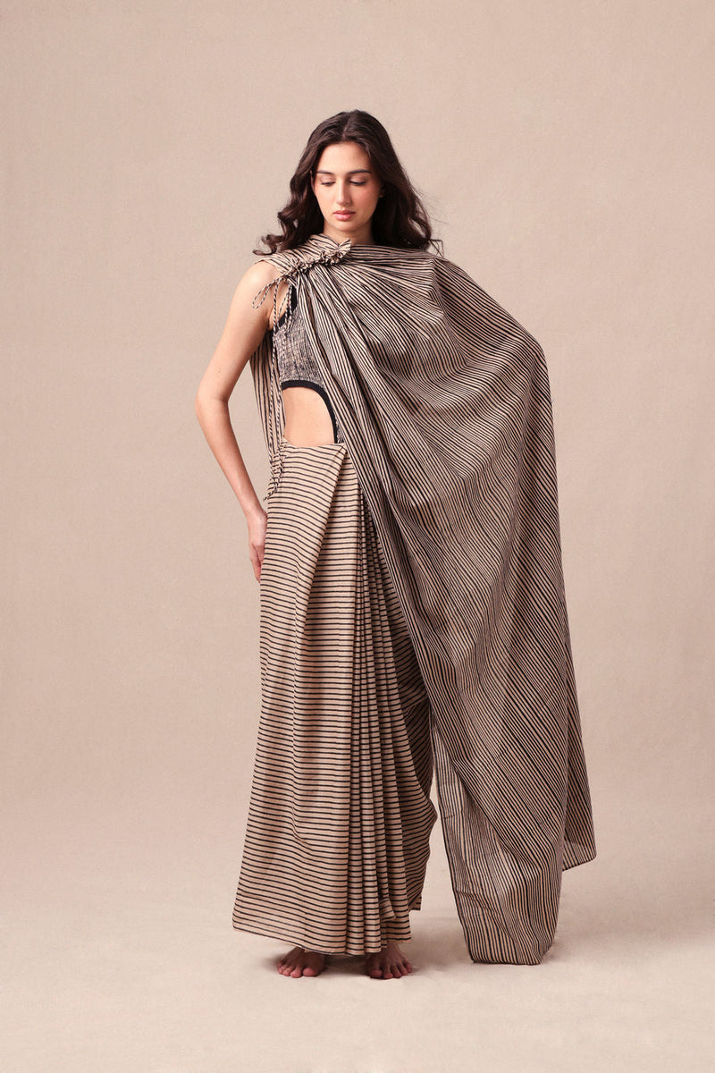 Charcoal Striped Bodysuit & Drawstring Mul Saree Set (2 PCS) cotton saree by Mati in black for women in Singapore