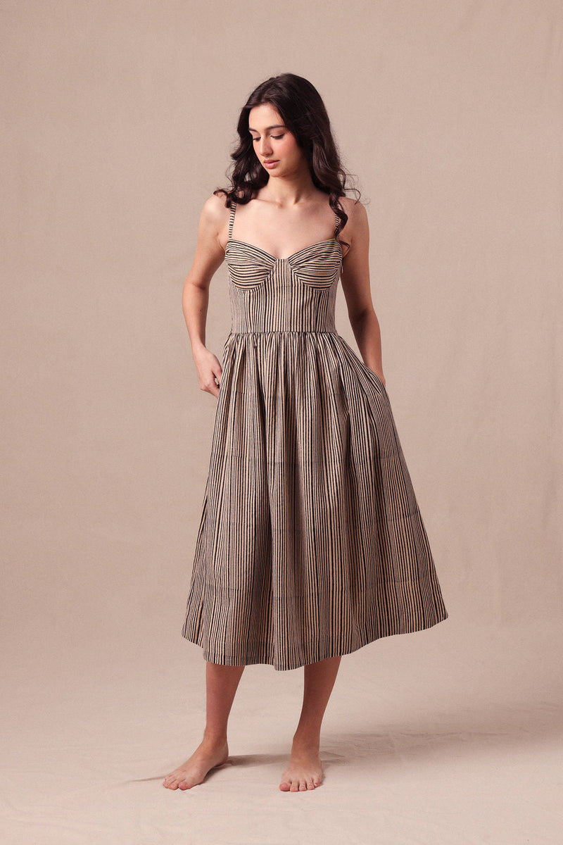 Charcoal Striped Corset Dress cotton dress by Mati in black for women in Singapore