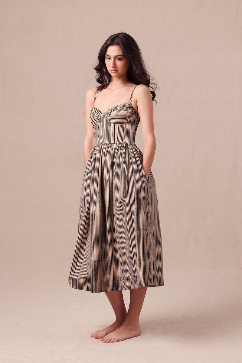 Charcoal Striped Corset Dress cotton dress by Mati in black for women in Singapore