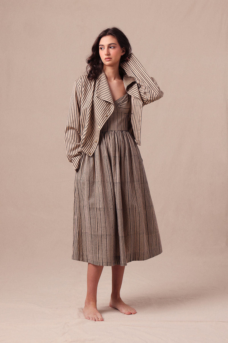 Charcoal Striped Corset Dress & Crop Jacket Set (2 PCS) cotton dress by Mati in black for women in Singapore