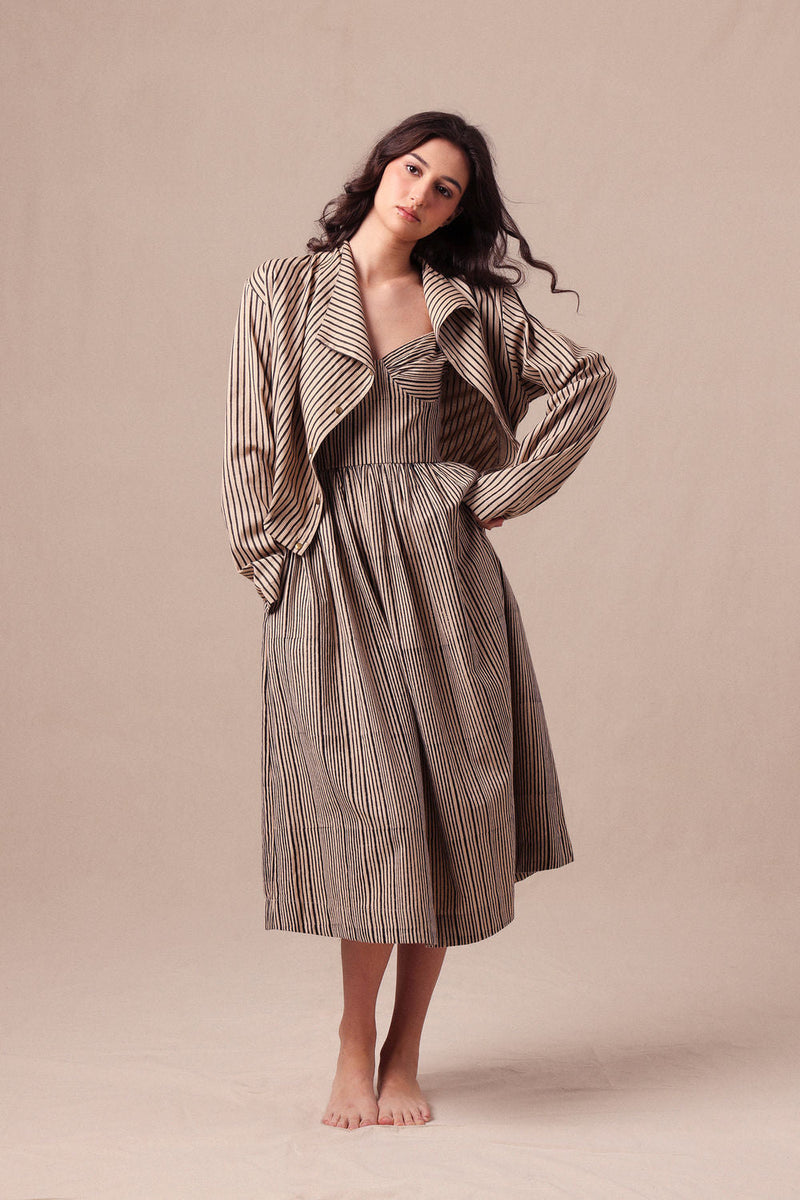 Charcoal Striped Corset Dress & Crop Jacket Set (2 PCS) cotton dress by Mati in black for women in Singapore