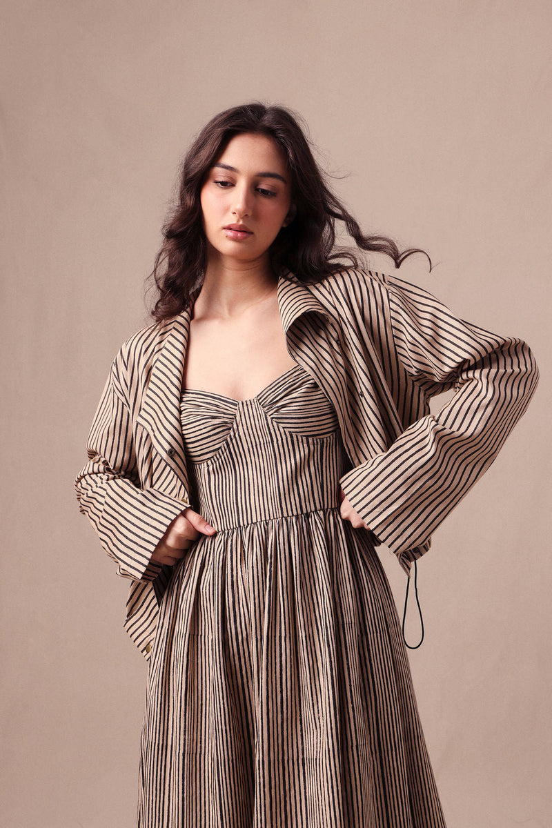 Charcoal Striped Corset Dress & Crop Jacket Set (2 PCS) cotton dress by Mati in black for women in Singapore