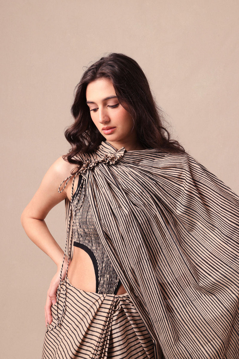 Charcoal Striped Drawstring Mul Saree cotton saree by Mati in black for women in Singapore
