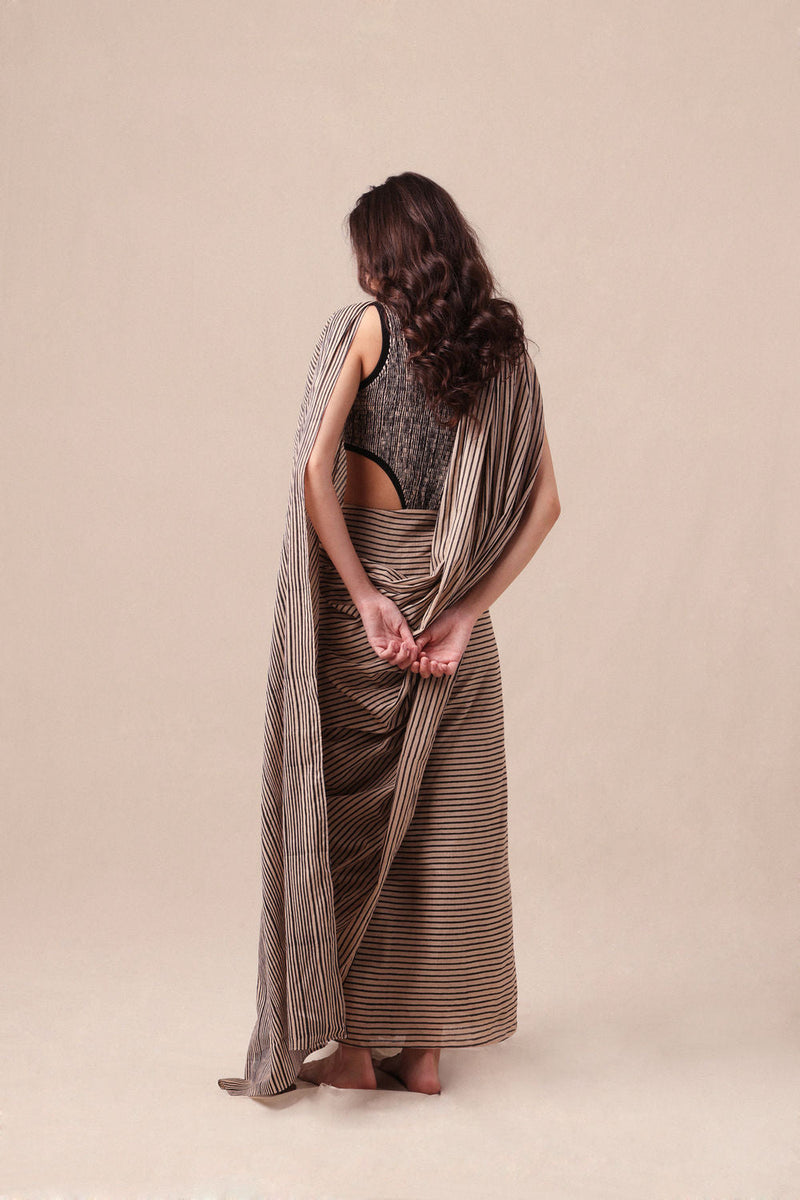 Charcoal Striped Drawstring Mul Saree cotton saree by Mati in black for women in Singapore