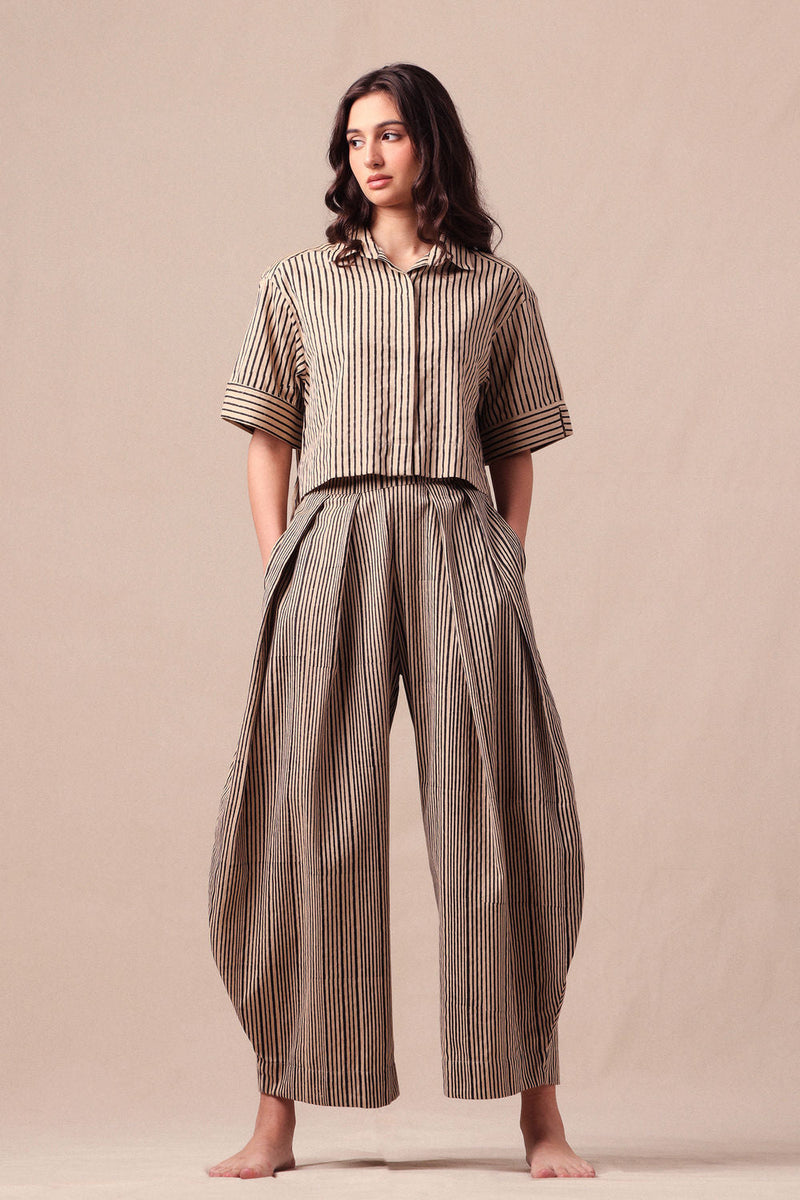 Charcoal Striped Ekin Crop Shirt & Barrel Pants Co-Ord Set (2 PCS) cotton co-ord set by Mati in black for women in Singapore