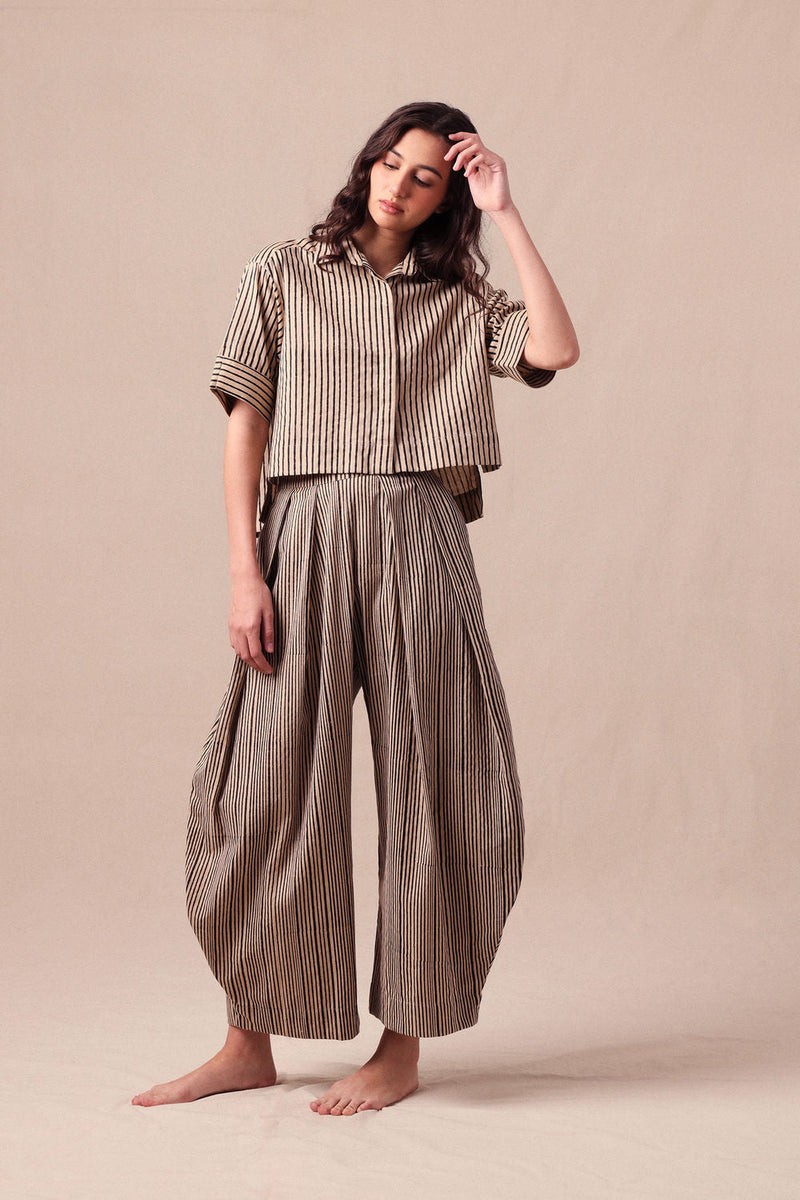 Charcoal Striped Ekin Crop Shirt & Barrel Pants Co-Ord Set (2 PCS) cotton co-ord set by Mati in black for women in Singapore