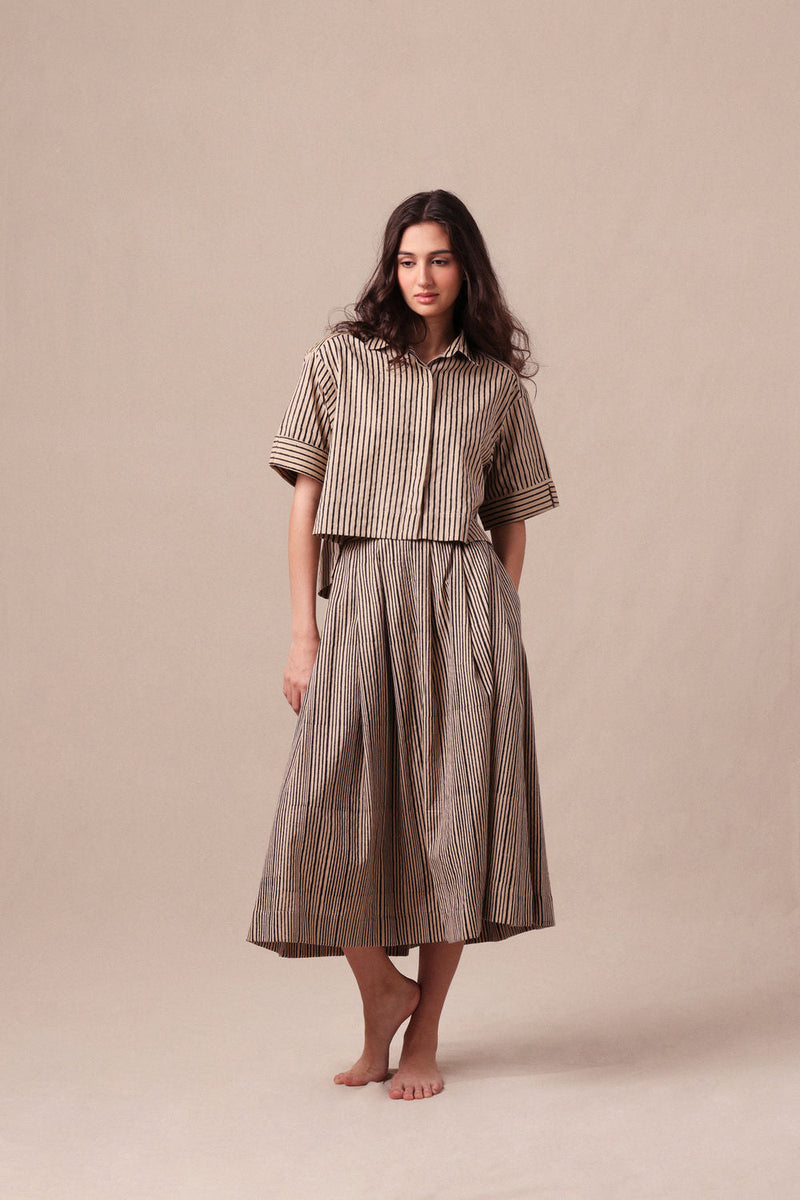 Charcoal Striped Ekin Crop Shirt & Box Pleated Skirt Co-Ord Set (2 PCS) cotton co-ord set by Mati in black for women in Singapore