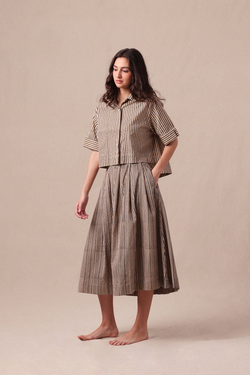 Charcoal Striped Ekin Crop Shirt & Box Pleated Skirt Co-Ord Set (2 PCS) cotton co-ord set by Mati in black for women in Singapore