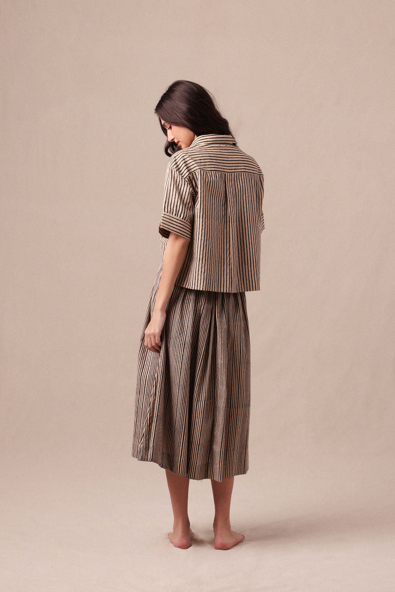 Charcoal Striped Ekin Crop Shirt & Box Pleated Skirt Co-Ord Set (2 PCS) cotton co-ord set by Mati in black for women in Singapore