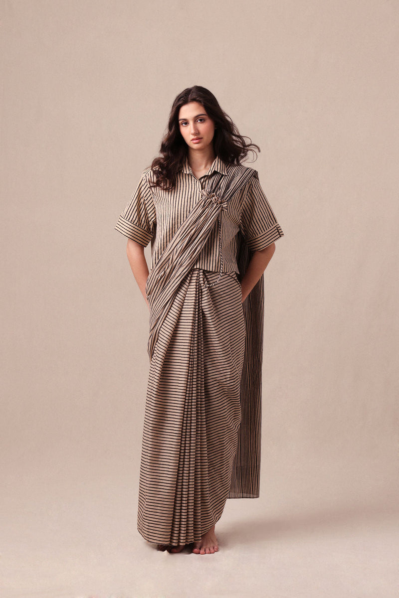 Charcoal Striped Ekin Shirt & Drawstring Mul Saree Set (2 PCS) cotton saree by Mati in black for women in Singapore