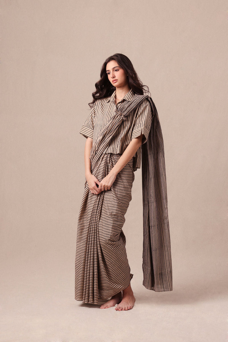 Charcoal Striped Ekin Shirt & Drawstring Mul Saree Set (2 PCS) cotton saree by Mati in black for women in Singapore