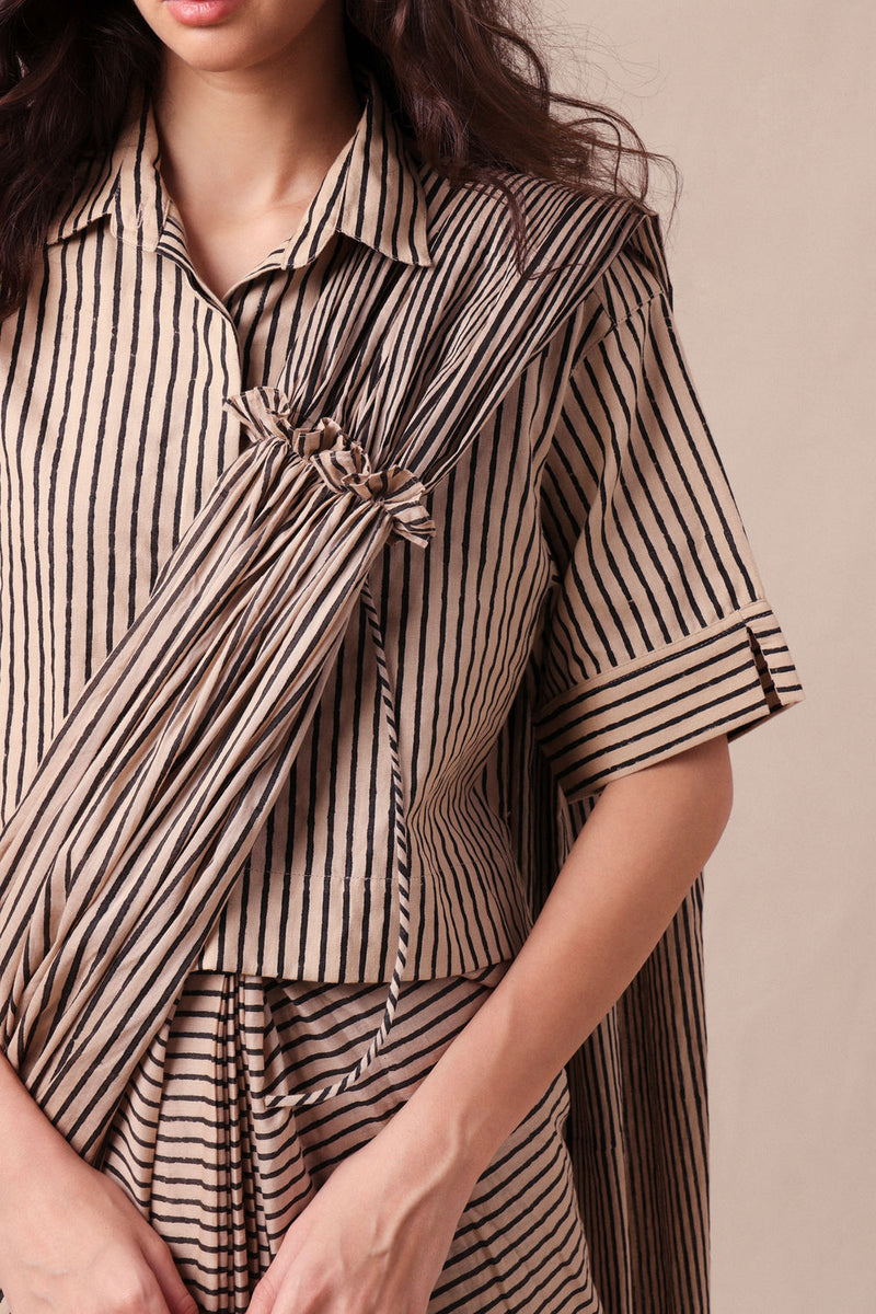 Charcoal Striped Ekin Shirt & Drawstring Mul Saree Set (2 PCS) cotton saree by Mati in black for women in Singapore