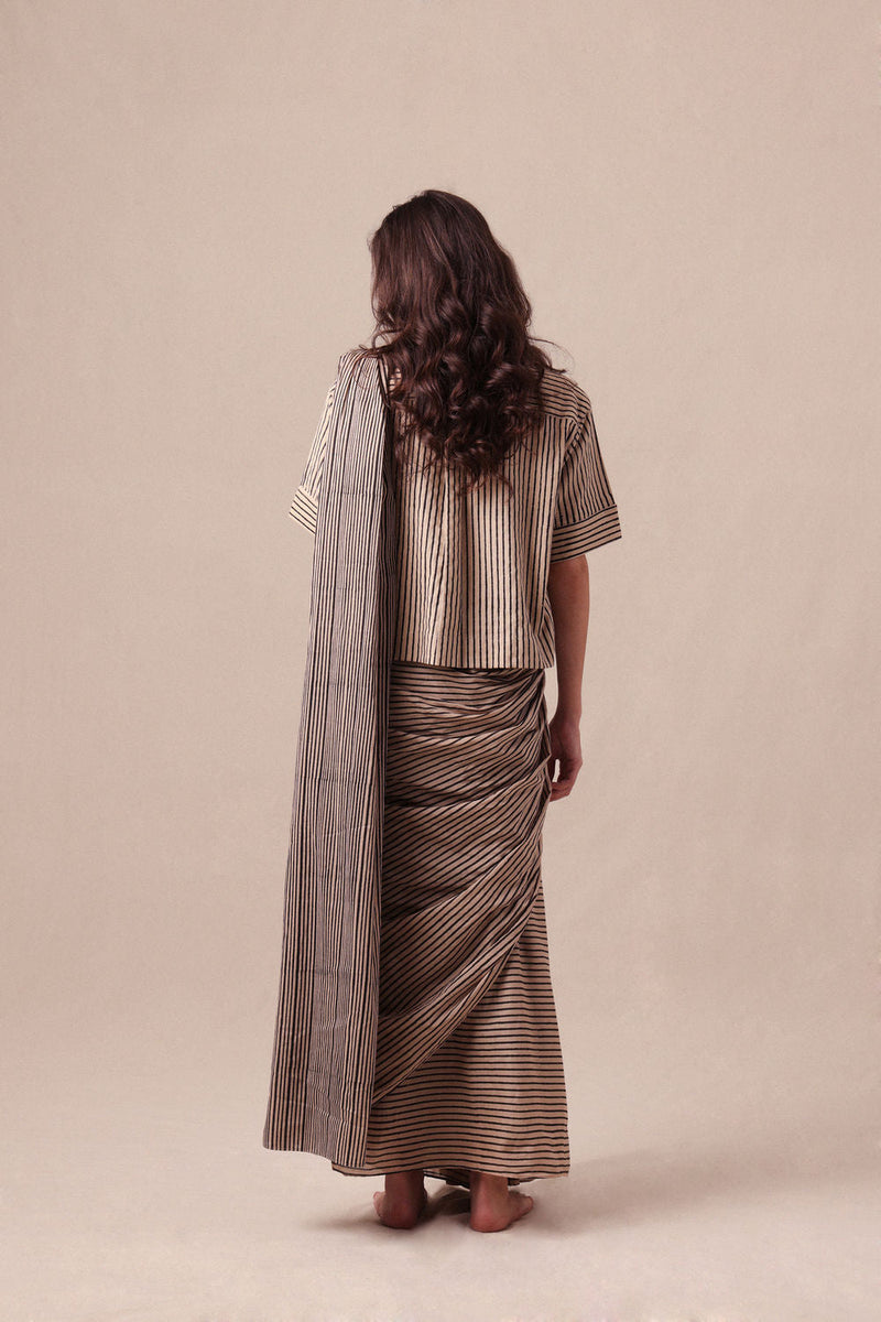 Charcoal Striped Ekin Shirt & Drawstring Mul Saree Set (2 PCS) cotton saree by Mati in black for women in Singapore