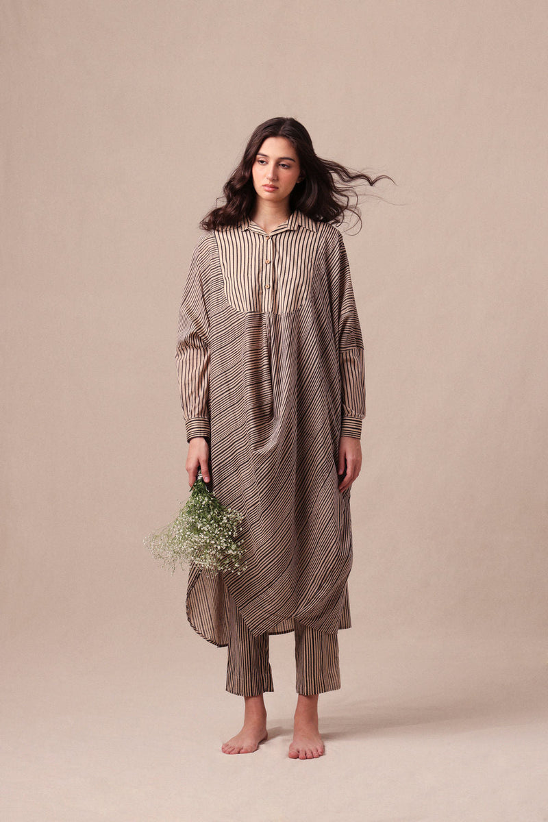 Charcoal Striped Shirt Cowl Tunic & SE Pants Co-Ord Set (2 PCS) cotton co-ord set by Mati in black for women in Singapore