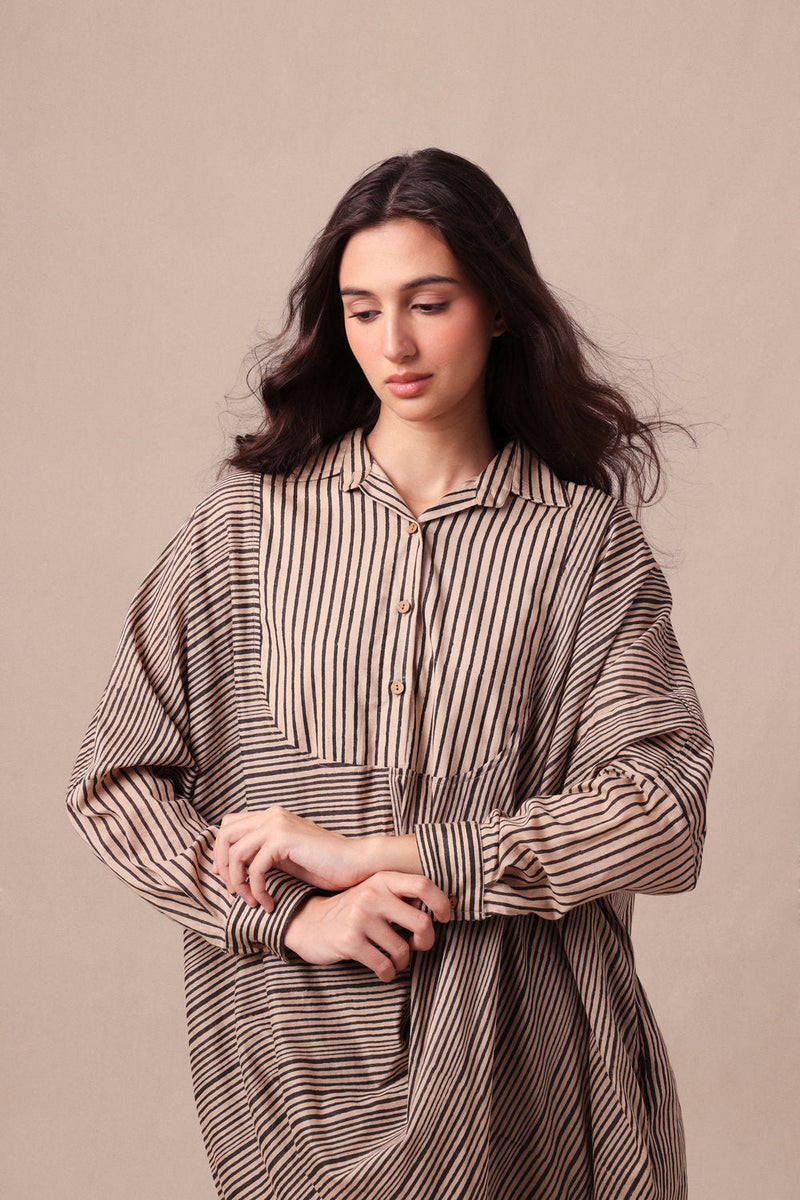 Charcoal Striped Shirt Cowl Tunic & SE Pants Co-Ord Set (2 PCS) cotton co-ord set by Mati in black for women in Singapore