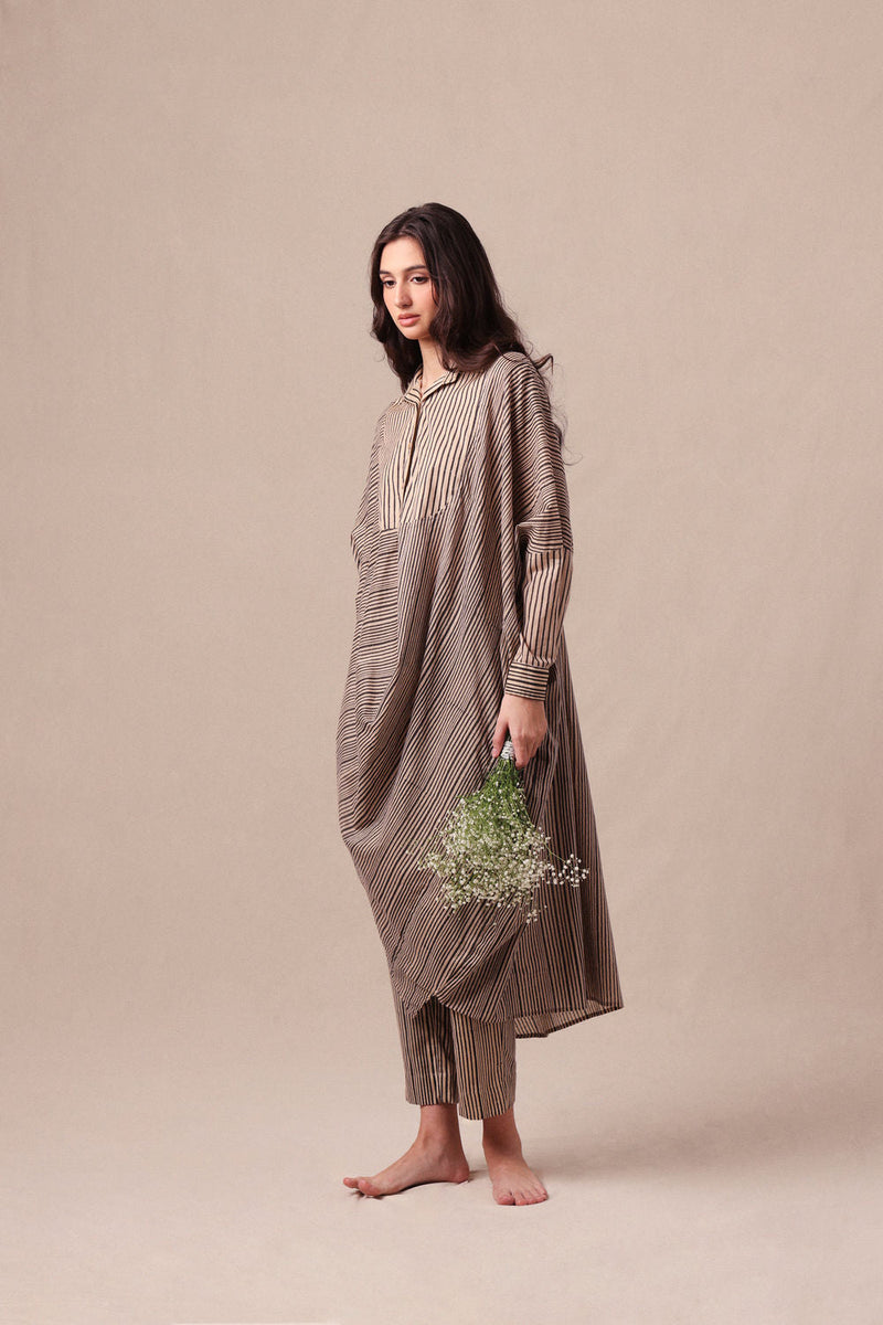 Charcoal Striped Shirt Cowl Tunic & SE Pants Co-Ord Set (2 PCS) cotton co-ord set by Mati in black for women in Singapore