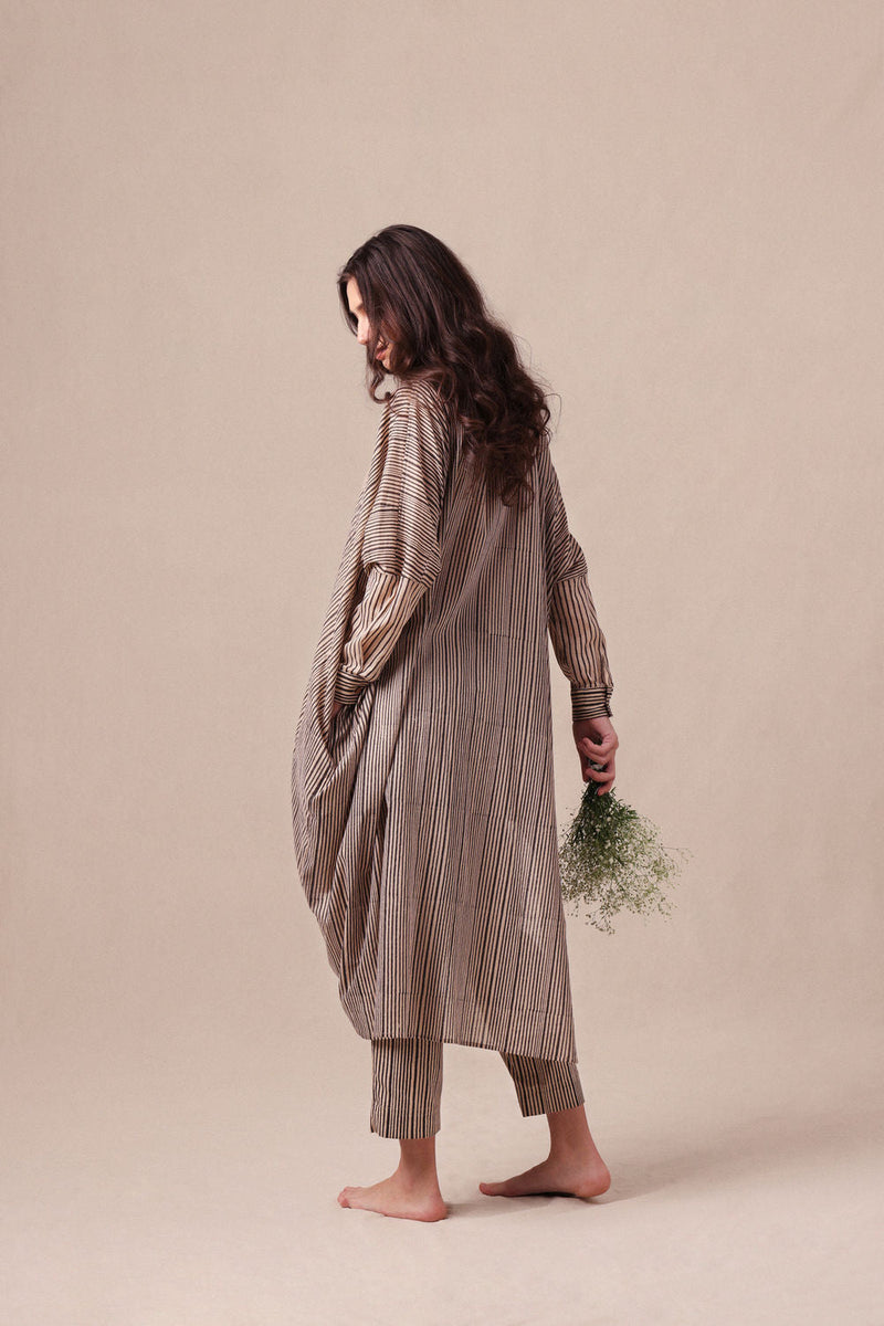 Charcoal Striped Shirt Cowl Tunic & SE Pants Co-Ord Set (2 PCS) cotton co-ord set by Mati in black for women in Singapore