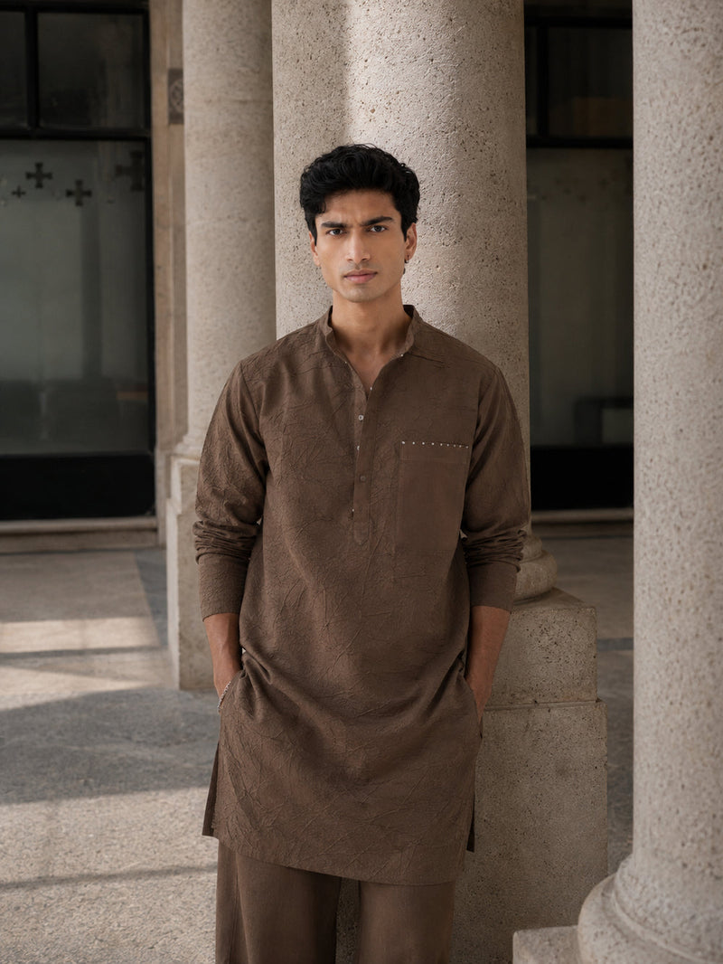 Crush Texture Kurta handwoven cotton mul kurta/kurta set by THREE Men in brown for men in Singapore