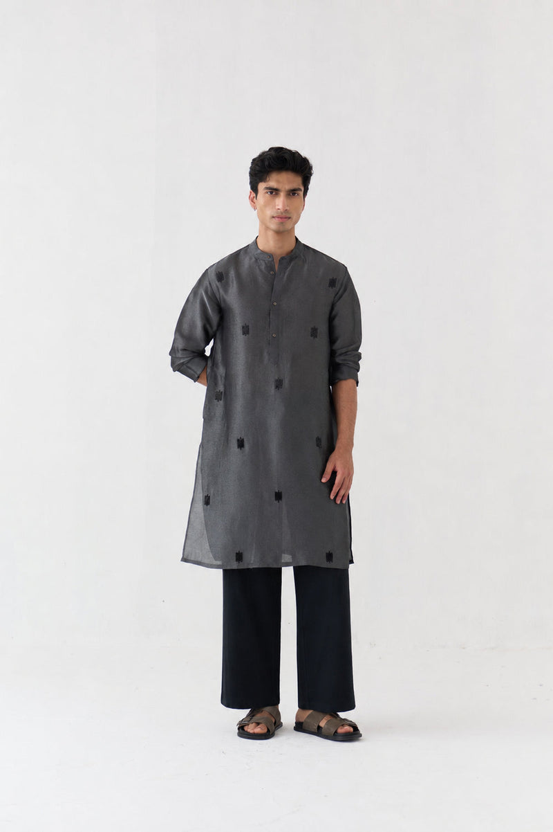 Hand Emb. Detail Kurta Co-Ord tissue,handwoven cotton co-ord set by THREE Men in black for men in Singapore