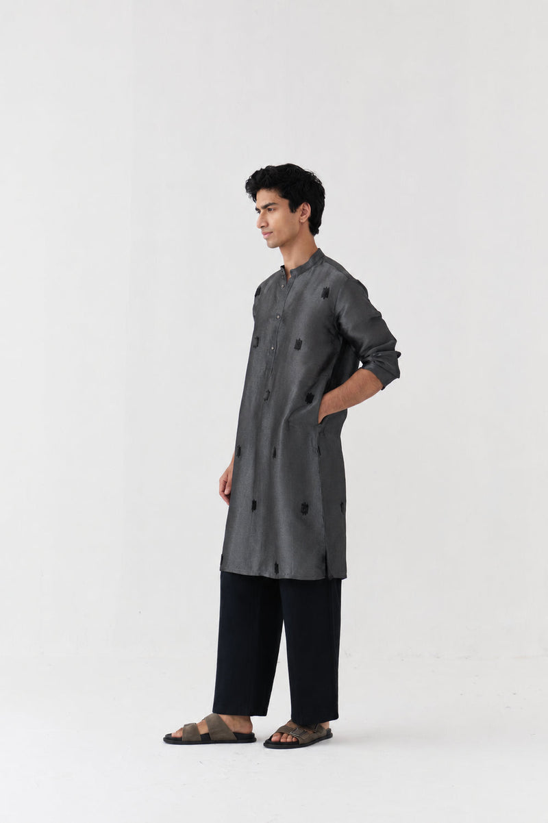 Hand Emb. Detail Kurta Co-Ord tissue,handwoven cotton co-ord set by THREE Men in black for men in Singapore
