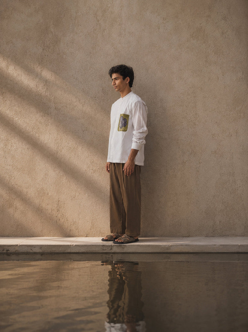 Fringe Applique Patch Pocket Shirt Co-Ord handwoven cotton mul co-ord set by THREE Men in white,brown for men in Singapore