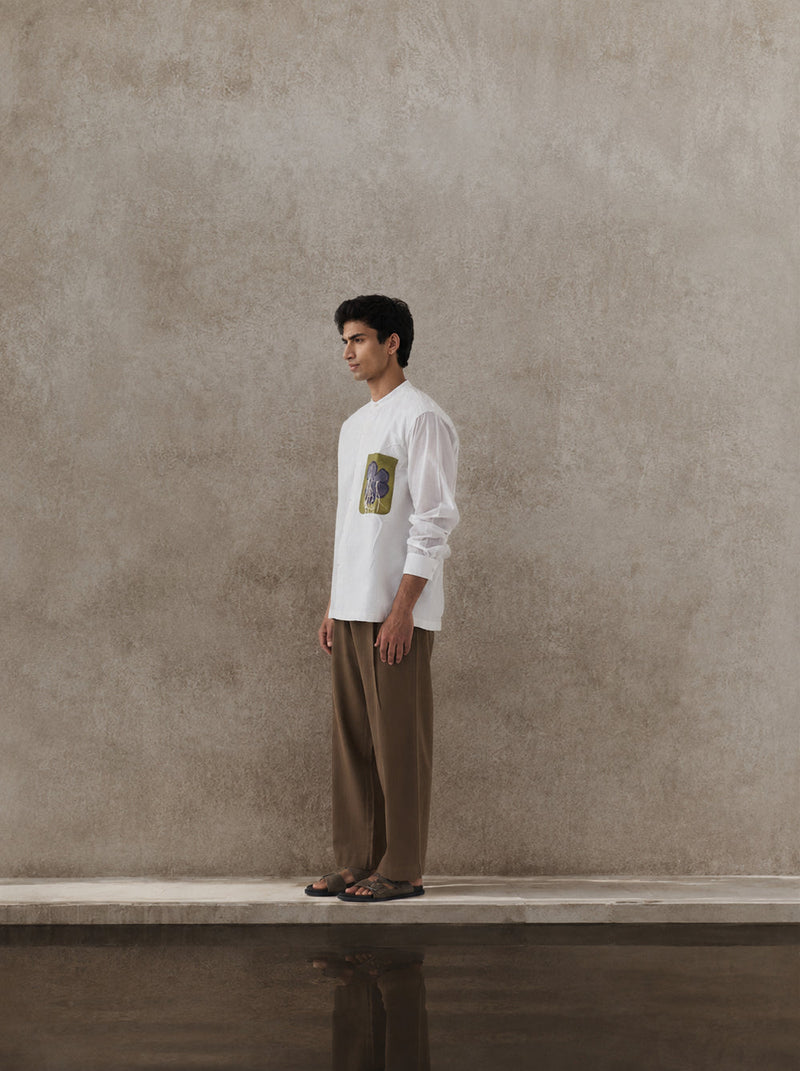 Fringe Applique Patch Pocket Shirt Co-Ord handwoven cotton mul co-ord set by THREE Men in white,brown for men in Singapore