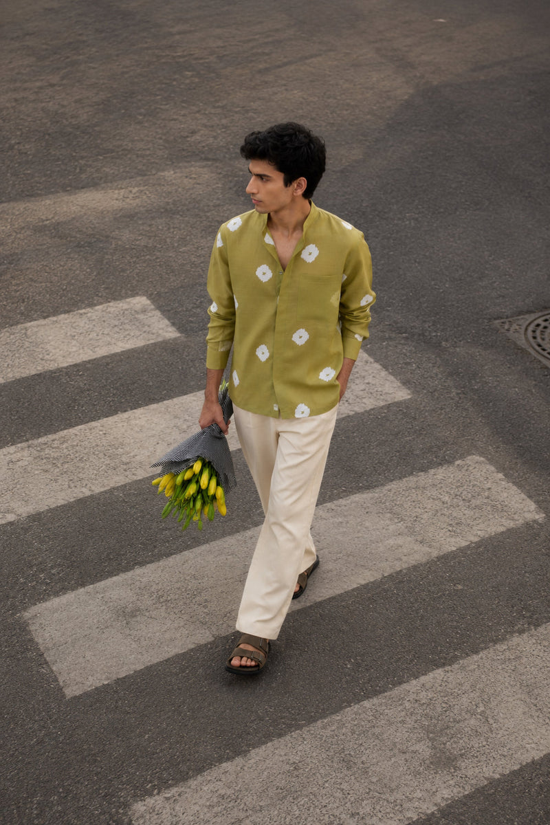 Block Print Band Collar Shirt chanderi,twill shirt by THREE Men in green,ivory for men in Singapore