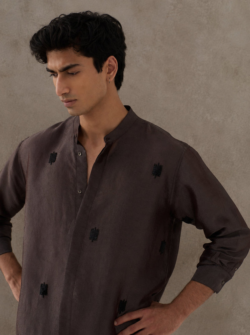 Hand Emb. Detail Band Collar Shirt tissue shirt by THREE Men in dark brown for men in Singapore