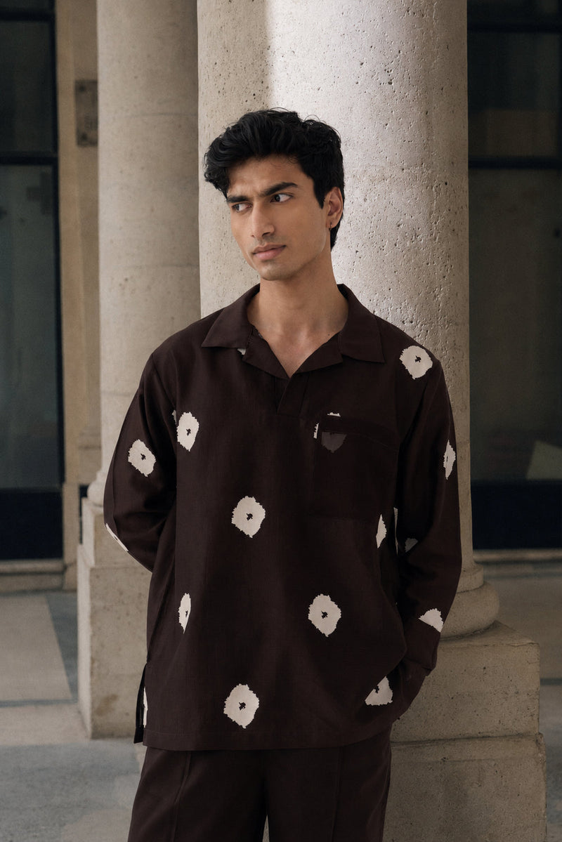Block Print V-Neck Shirt Co-Ord chanderi,poplin co-ord set by THREE Men in dark brown for men in Singapore