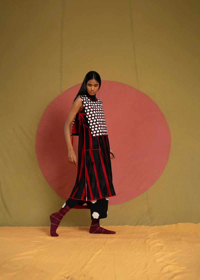 Che Bib-Black, White and Red cotton jacket/overlay by Ka-Sha in red for women in Singapore