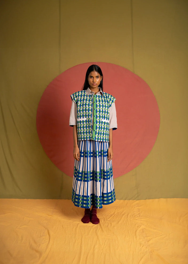Che Ap Jacket-Grey, Green and Ink Blue cotton jacket/overlay by Ka-Sha in green for women in Singapore