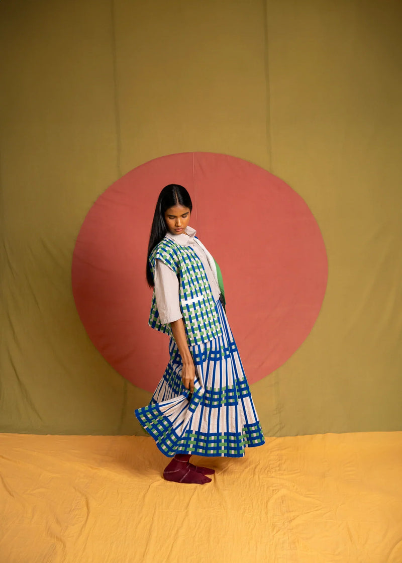 Che Simp Skirt-Grey, Green and Ink Blue cotton skirt by Ka-Sha in green for women in Singapore